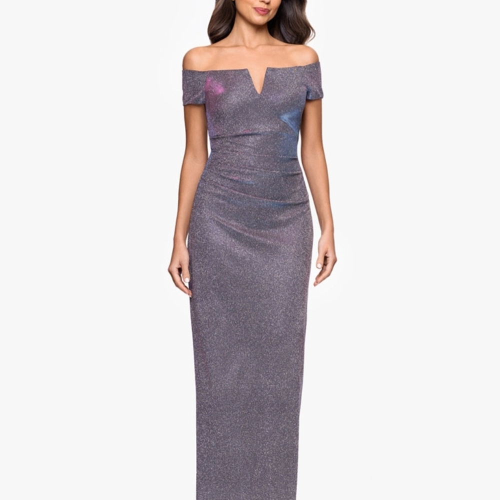 Xscape Women's Glitter Off-The-Shoulder Long Sheath Dress Sze 2